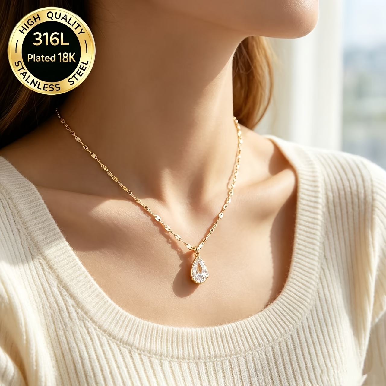 18K Gold-Plated Teardrop Synthetic Zirconia Necklace